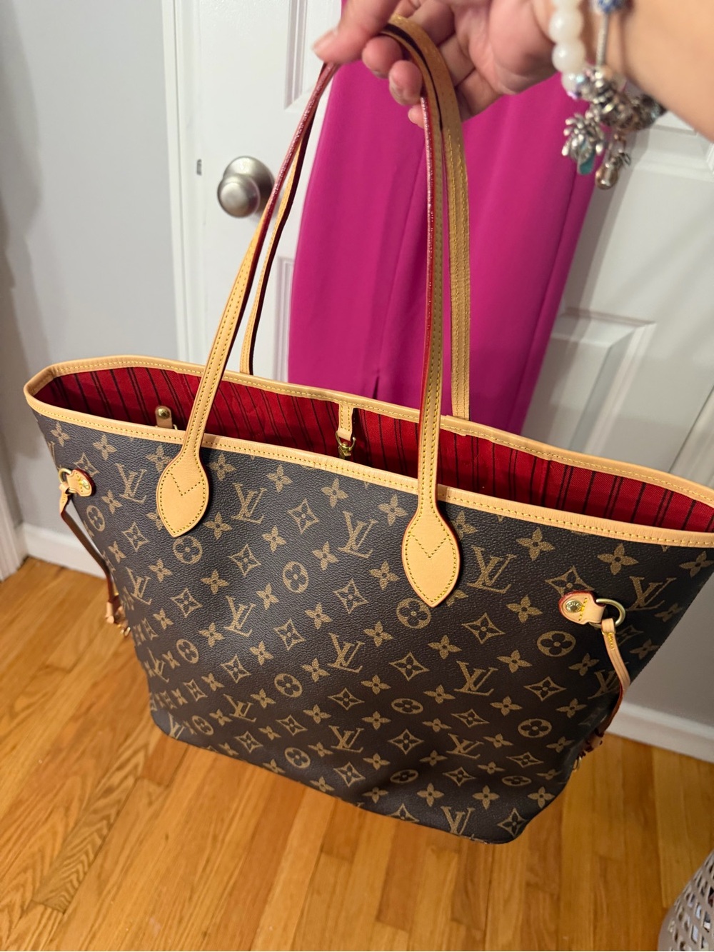 Monogram Canvas Tote Bag - Brown with Red Interior